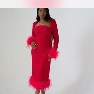 Elegant Red Feather-Trimmed Dress